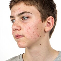 Fototapeta premium A teenager’s face showing both active acne and redness caused by inflammation