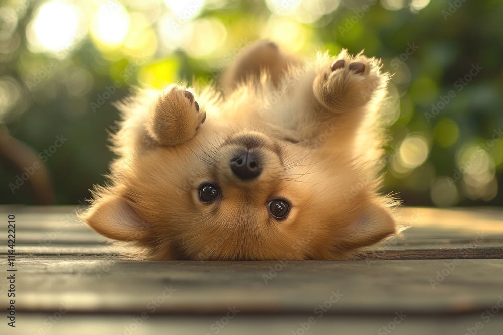 Poster fluffy puppy laying on back.