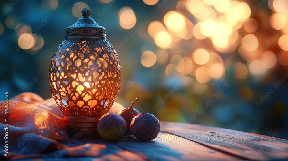 Aufkleber ornate lantern, figs on wood table with bokeh lights.