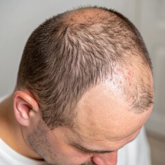 Fototapeta premium Detailed view of patchy hair loss on the human scalp, highlighting the skin and follicles affected by alopecia