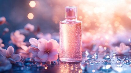 Perfume bottle with pink flowers and bokeh.