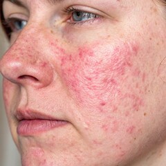 Detailed close-up of a face showing rosacea symptoms with redness and visible blood vessels on cheeks and nose