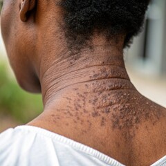 A person’s neck with visible acanthosis nigricans, showing skin darkening and thickening