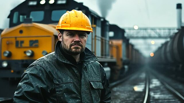 A man in a safety helmet stands in front of a diesel locomotive, surrounded by the rugged textures of a train yard and steel tracks.