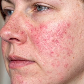 Detailed close-up of a face showing rosacea symptoms with redness and visible blood vessels on cheeks and nose