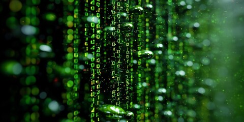 A dynamic green code cascade representing the digital world and data flow in modern technology.