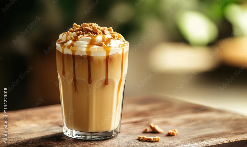 Poster caramel latte with whipped cream and biscuit crumbles on a wood surface.