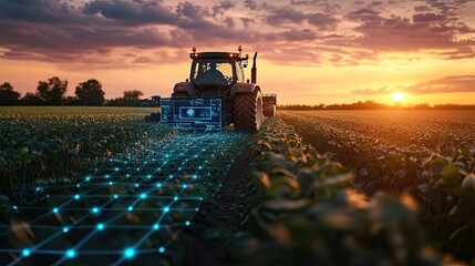 Tractor working soybean farm sunset digital overlays illustrating how precision farming technologies such as GPS tracking automation are enhancing farming efficiency sustainability