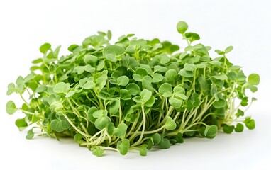 Obraz premium Fresh green microgreens, healthy sprouts, close-up shot on white background.