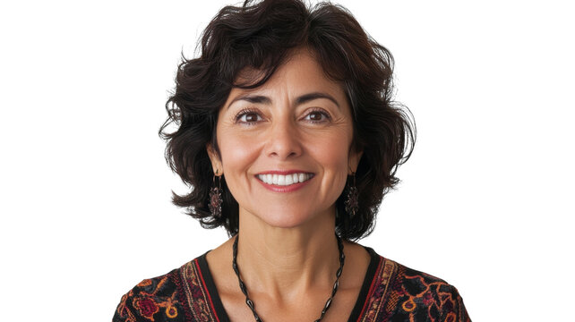 A Heartwarming Portrait of a Middle Aged Woman Smiling Radiantly Against a Clean White Background Ideal for Positive Emotions and Wellness Campaigns.