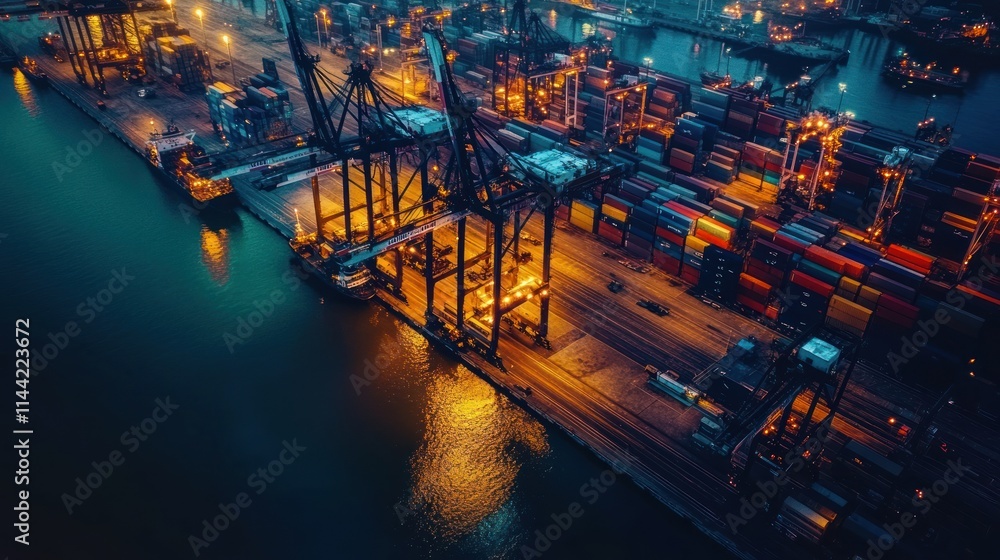 Poster Night view of a busy container port with ships and cranes.