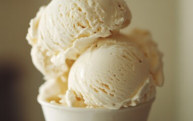 Three scoops of creamy vanilla ice cream in a white cup.