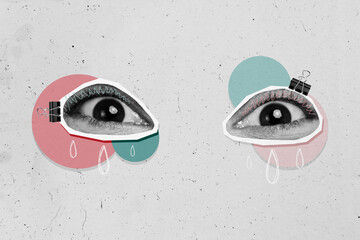 Creative photo poster trend art collage image of anonym faceless human eyes cry doodle tear burnout...