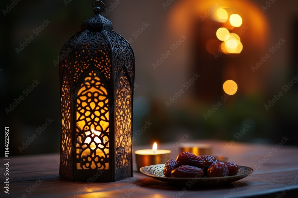 Poster ornate lantern with dates and candles on wooden table at dusk.
