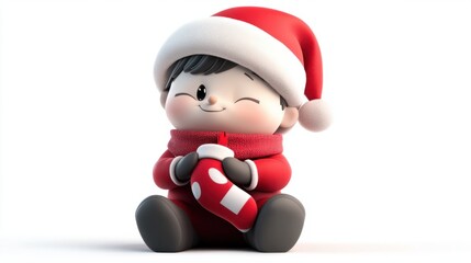 A festive 3D character in a red jacket with a scarf and Santa hat, sitting and holding a stocking, isolated on a white background