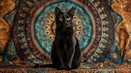 Fototapeta premium A black cat sitting on a traditional Indian rug with a background of intricate mandala designs