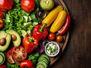 Freshly prepared vegetables showcased on a wooden platter, highlighting a vibrant mix of colors and textures suitable for healthy meals or salads