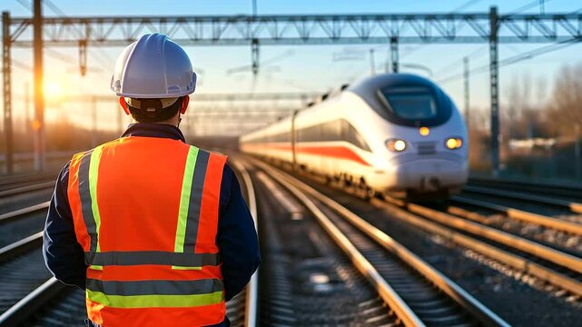 A railway worker in a safety helmet stands in front of a high-speed train, its aerodynamic design framed by the clear blue sky.