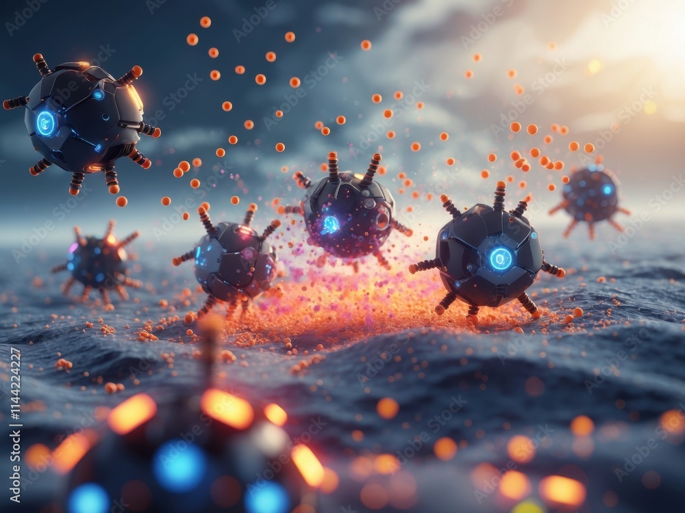 Poster brightly lit nanobots floating in a shimmering ocean scene, showcasing a futuristic technology inter