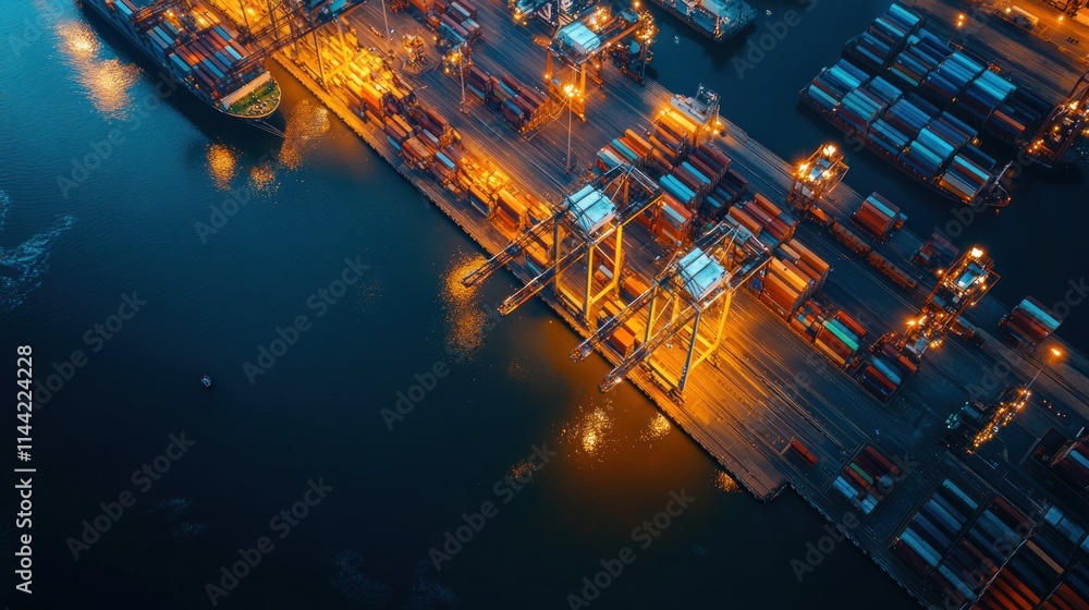 Poster night aerial view of a busy shipping port with containers and cranes.