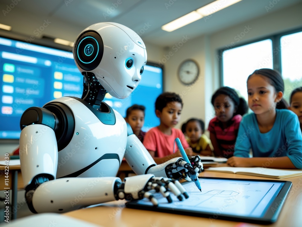 Poster robot teaches young students in modern classroom, engaging them with interactive learning tools and 