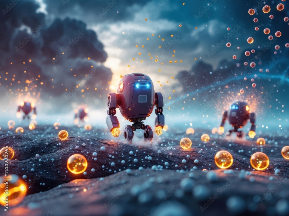 Poster robots exploring a mysterious alien landscape with glowing orbs during a dramatic twilight sky