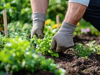 Fototapeta premium Gardener planting seedlings in vegetable garden patch