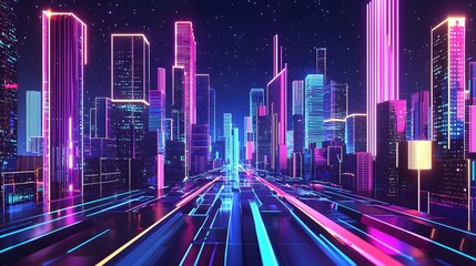 Futuristic Urban Scene with Digital Buildings and Neon