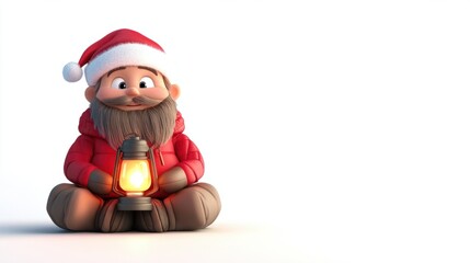 Obraz premium A happy 3D character wearing a red winter jacket and Santa hat, sitting cross-legged with a glowing lantern, isolated on white