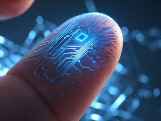 Close up of a human finger with a blue digital circuit design, symbolizing technology integration and innovation within human life