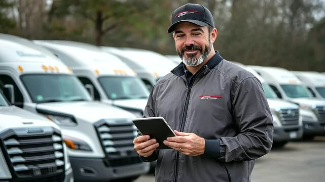 Among a row of trucks with company branding, a fleet supervisor holds a tablet, the crisp, organized layout of the lot symbolizing operational excellence.