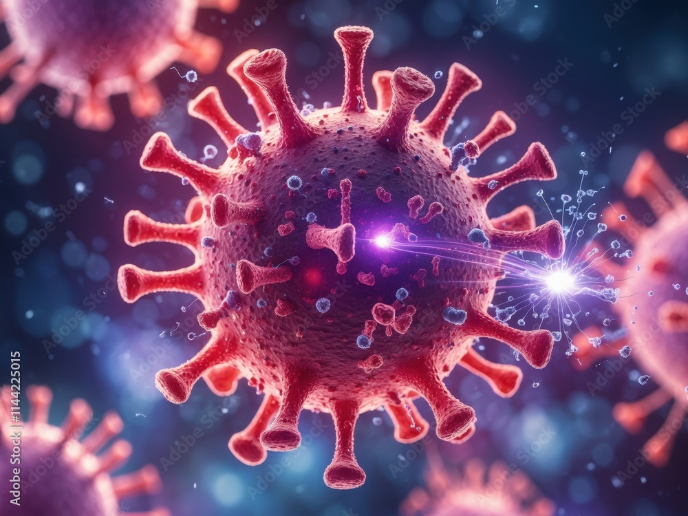 Poster close-up view of a virus structure highlighting spikes and cellular interactions observed under a mi