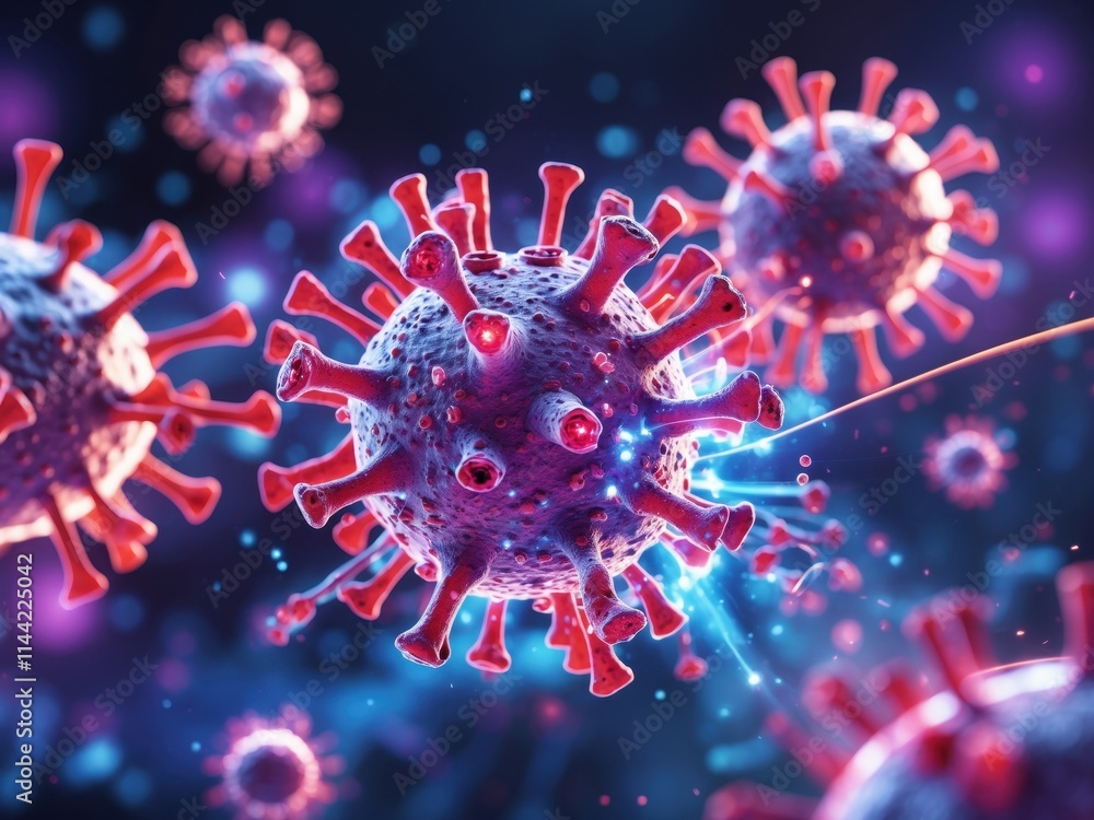 Poster visualization of coronavirus cells in a microscopic view showcasing the intricate structure and spik
