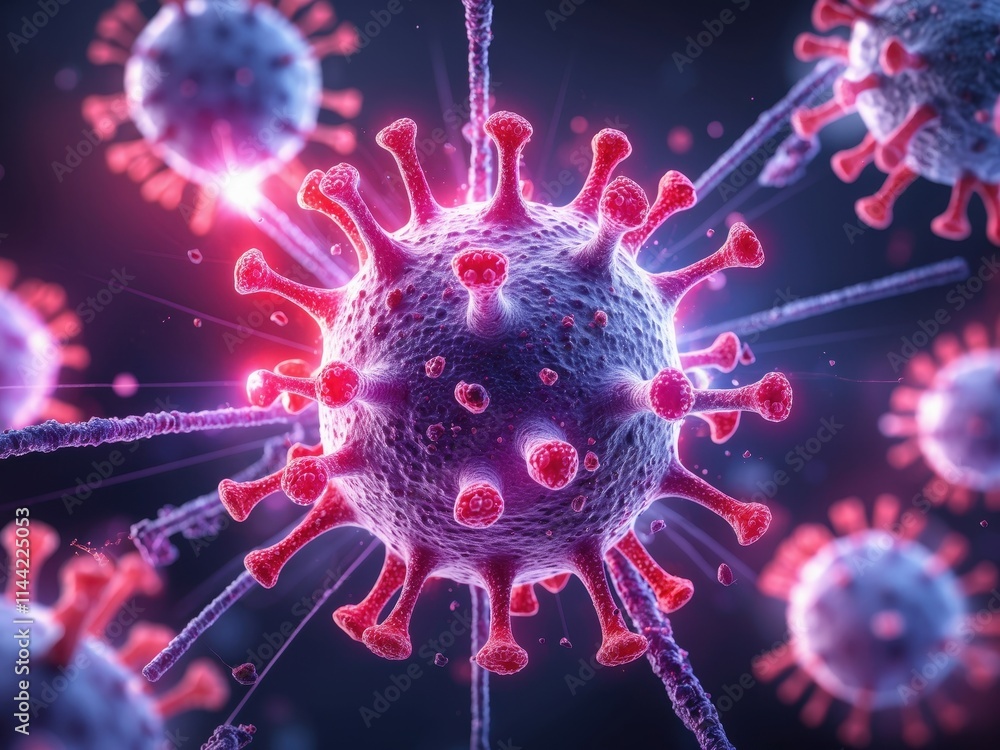 Poster microscopic view of a virus showcasing its structure and surrounding particles in a colorful scienti
