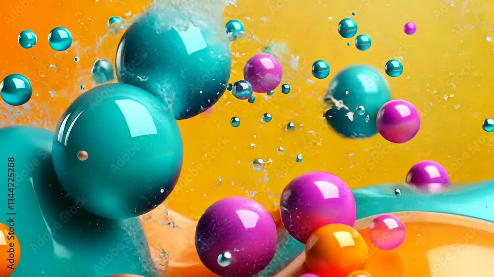 Poster colorful spheres floating in vibrant liquid, creating an abstract composition in a modern art enviro