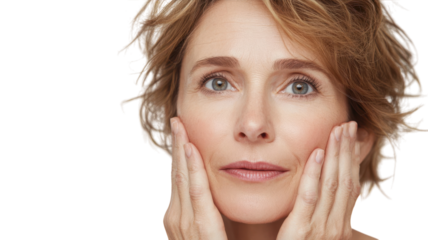 A Middle Aged Woman Displaying Surprise Emotion in a Natural Setting, Ideal for Social Media Posts or Emotional Content in Marketing Materials.