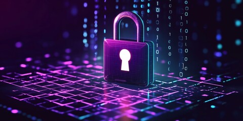 A digital lock symbolizing cybersecurity and data protection on a vibrant keyboard background.