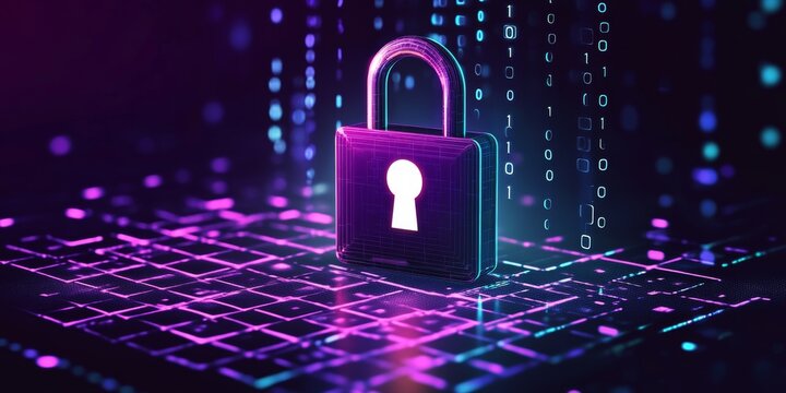 A digital lock symbolizing cybersecurity and data protection on a vibrant keyboard background.