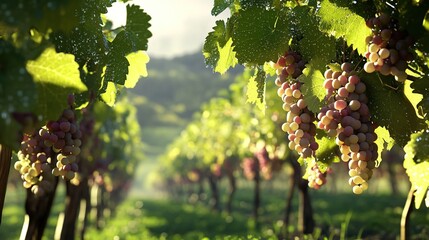 Ripe grapes on vine in sunny vineyard.