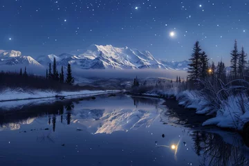 Majestic mountain range is reflected in a calm river at night, with a starry sky above