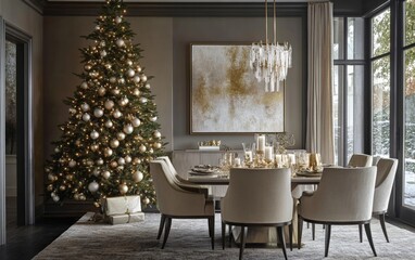 A stylish modern dining room with neutral colors and a Christmas tree featuring soft golden ornaments