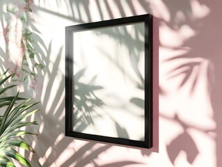Blank square frame mockup on pink wall with tropical plant shadows.