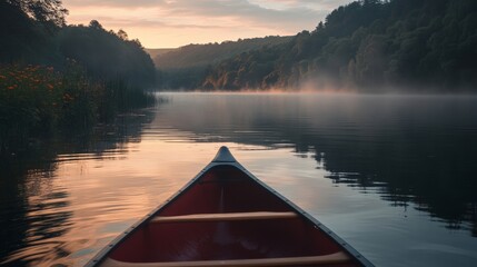 A serene canoe ride on a misty river at dawn, surrounded by lush green hills and soft sunlight.