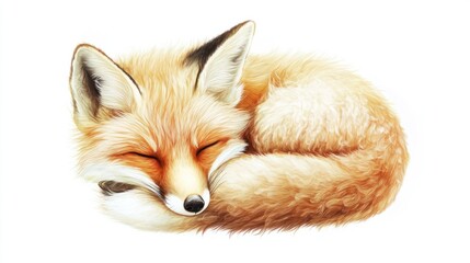 A charming illustration of a fox curled up, with fluffy fur and a peaceful expression, rendered in soft tones, isolated on white