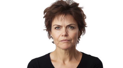 A middle aged woman with a raised eyebrow looking curiously at something, perfect for articles on psychology or expressions..