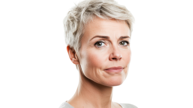 A Middle Aged Woman with a Raised Eyebrow Expressing Curiosity and Skepticism for Creative Projects and Marketing Use.