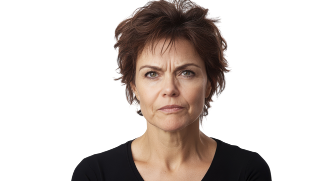 A middle aged woman with a raised eyebrow looking curiously at something, perfect for articles on psychology or expressions..
