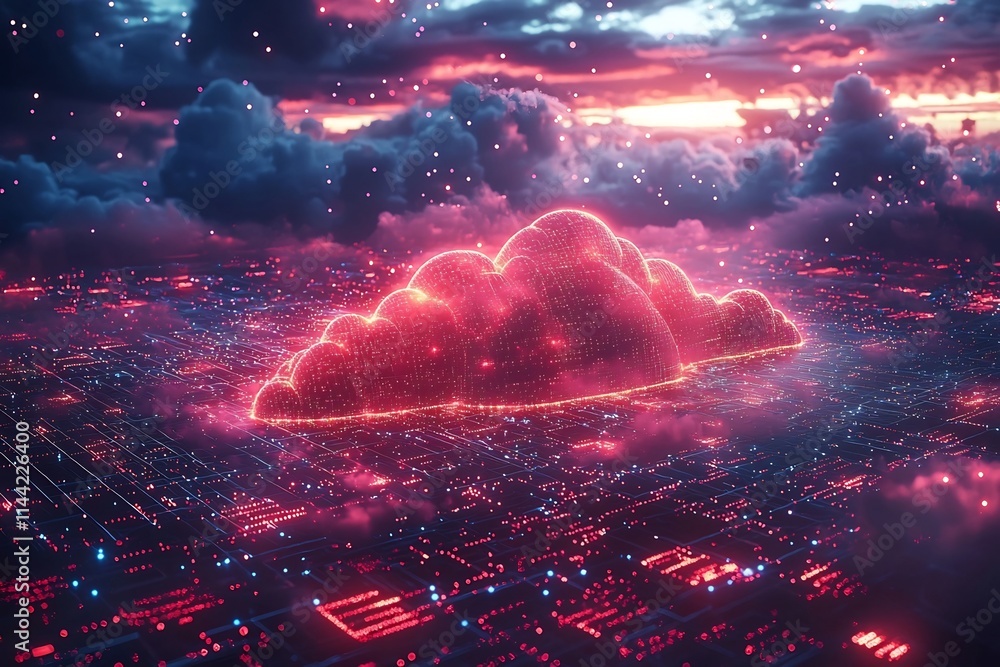 Poster dramatic blockchain cloud computing concept with glowing data blocks in vast network