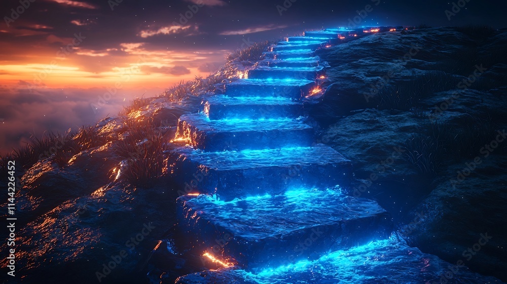 Poster glowing blockchain path stretching into futuristic landscape