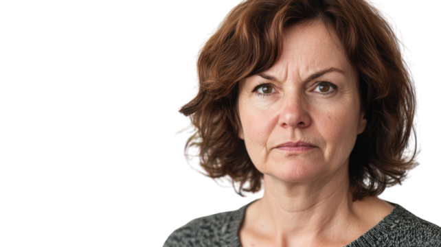 Expressive Middle Aged Woman Raising an Eyebrow for Various Creative Projects and Media Usage.